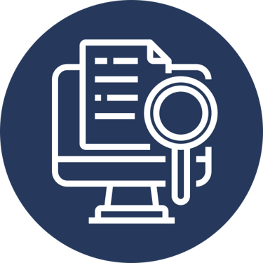 Pictogramme ordinateur, loupe, rapport, recherches administratives et numériques