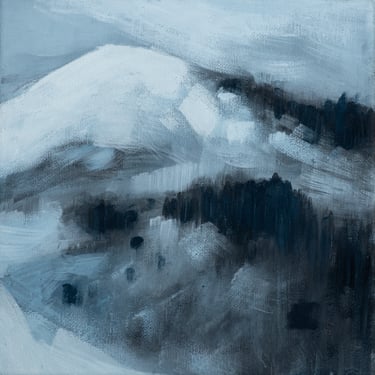 a painting of a mountain scene with a snow covered mountain