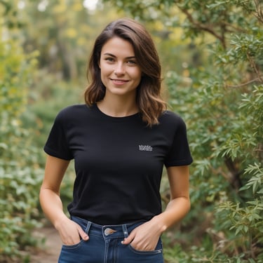 woman wearing black crew-neck shirt with a natural background