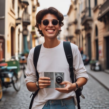 A smiling young influencer showcasing their travel adventures.