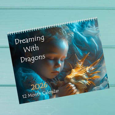 a fantasy art calendar featuring babies and children asleep with their dragon friends