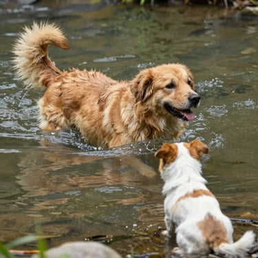 Zlatni retriver i Jack Russell terijer igraju se zajedno u plitkoj rijeci
