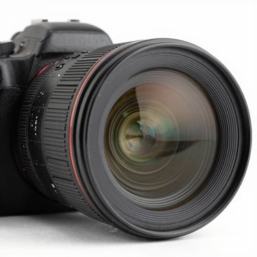 Sharp close-up of a camera lens showing glass reflections, clean white studio backdrop, high-key lighting
