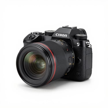 Angle view of a high-end full-frame mirrorless camera, clean white studio background, sharp glass reflection