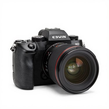 Professional cinema-oriented mirrorless camera body, clean white background, high-key lighting