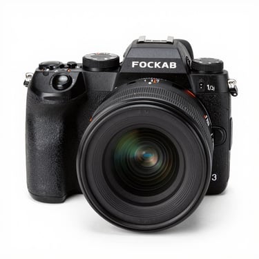 Front view of a professional mirrorless camera body, clean white studio background, sharp details, 85mm lens