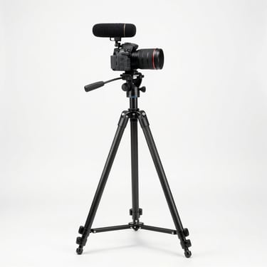 Carbon fiber camera tripod and professional microphone, clean white studio backdrop, high-key lighting