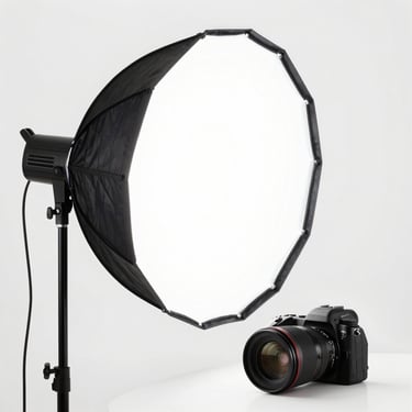 Professional studio strobe light with softbox, clean white studio backdrop, high-key lighting