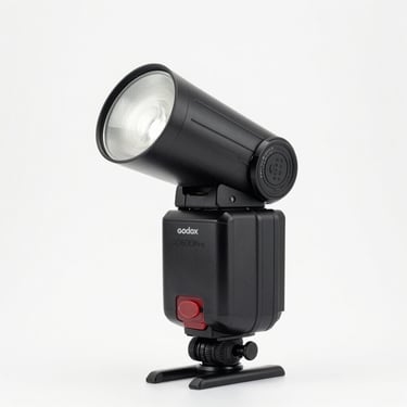 Godox AD600Pro studio flash strobe, front profile, pure white background, high-key studio lighting