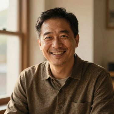 Candid portrait of a friendly male mentor in his early 40s with a warm smile, natural window light, soft background.
