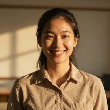Candid portrait of a smiling female educator in her late 20s, warm golden-hour light, approachable and friendly expression.