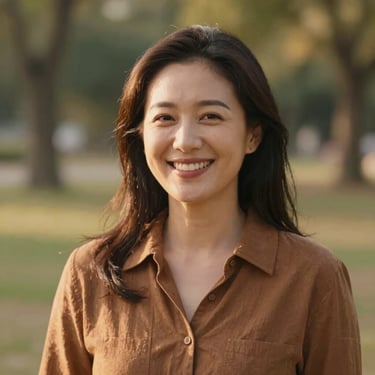 Candid portrait of a warm, smiling female mentor in her late 30s, natural outdoor lighting, soft focus background of a park.