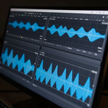 Macro shot of a high-resolution editing interface showing color-grading panels with vibrant blue waveforms, dark studio background.