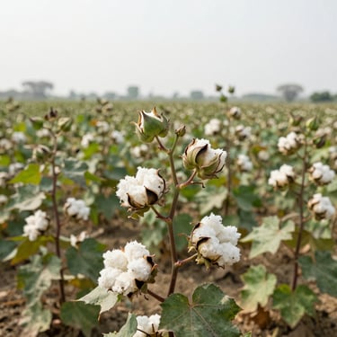 Ground-level view of healthy green cotton bolls opening on the plant in a Gujarat field, bright natural daylight