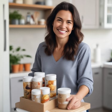 a woman holding a tray with jars of jars of jars