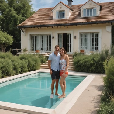 A happy family enjoying their small pool in a garden.
