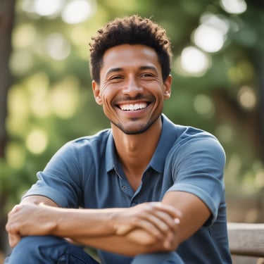A smiling man in a serene outdoor setting, representing recovery and hope.