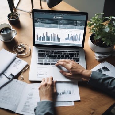 Professional person analyzing business data charts and financial analytics on a laptop at a workspace.