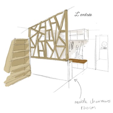 Croquis, atelier, entrée, agencement, claustra, bois, patères