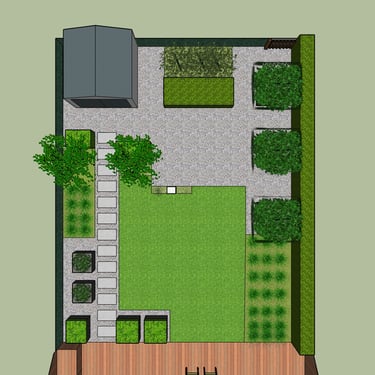 3D ontwerp kleine stadstuin bovenaanzicht