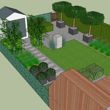 stadstuin met vormbomen en kunst