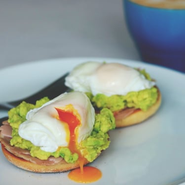 Mashed Avocado with English muffins and poached eggs