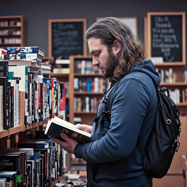 Reader enjoying a book in a library for FK Publisher About page