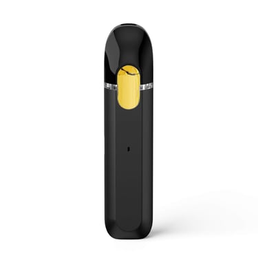 Sleek black disposable vape pen with gold oil viewing window isolated on a white background.