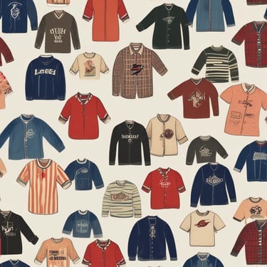 A market stall displaying a collection of vintage t-shirts and hats under a white canopy. The t-shirts are various colors and feature different graphic designs. Several baseball caps are hung along the top frame of the stall. A sign indicates a special offer of three t-shirts for $25. A blue storage bin is visible at the bottom right.
