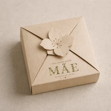 Conceito de embalagem premium para chocolates artesanais com fecho decorativo inspirado em flores.