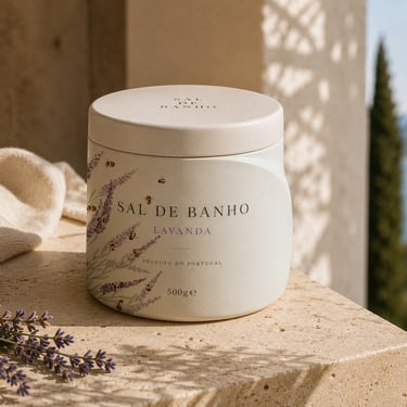 Design de embalagem para cosmética natural com ilustração botânica de lavanda aplicada em sal de banho artesanal.