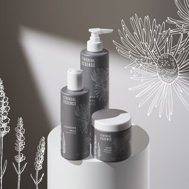 Sistema visual de marca para cosmética natural com ilustrações botânicas de lavanda e cedro-do-atlas aplicadas em embalagens