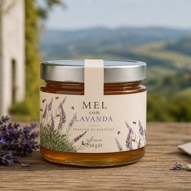 Design de embalagem para mel artesanal com ilustração botânica de lavanda criada para rótulo de produto português.