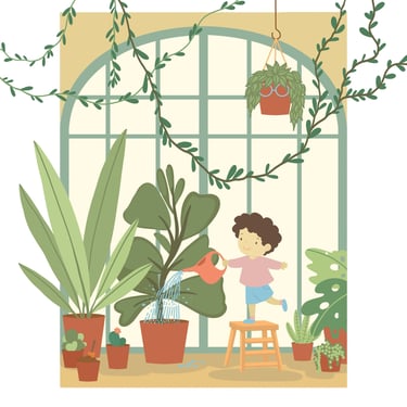 Ilustração infantil de criança a cuidar de plantas inspirada na descoberta da natureza.