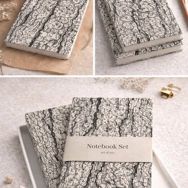 Padrão inspirado na textura da cortiça aplicado em cadernos para identidade visual e design de produto.