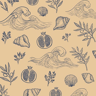 Padrão ilustrado com romãs, ondas, conchas e oliveiras criado para papel tissue personalizado e embalagem artesanal.
