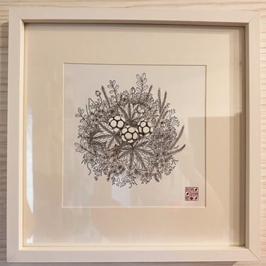 Poster decorativo com ilustração de plantas nórdicas em ambiente interior.