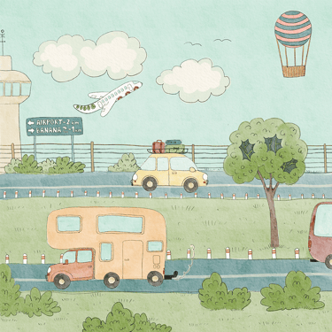 Ilustração infantil de viagem com caravana, avião e balão para crianças aventureiras.