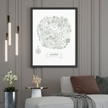 Mapa ilustrado personalizado aplicado em decoração de interiores e espaços comunitários