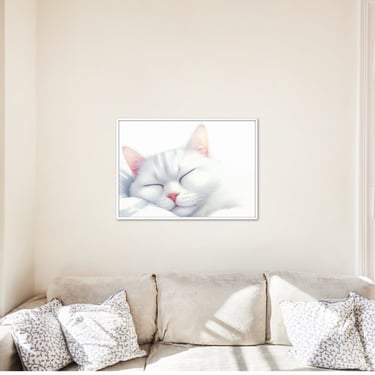 Quadro com retrato personalizado de gato apresentado em ambiente residencial