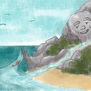 Ilustração infantil inspirada num poema sobre o encontro entre o rio, a montanha e o mar.