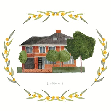 Retrato personalizado de uma casa de família ilustrada em aquarela com elementos botânicos.