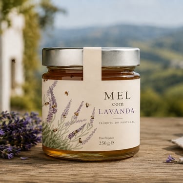 Rótulo para mel artesanal com ilustração botânica de lavanda desenvolvido para produto gourmet português.