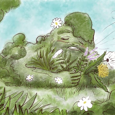Ilustração personalizada de Shuu, um personagem inspirado na natureza, flores silvestres e imaginação infantil.  