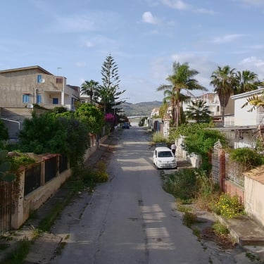 Drone viw from the street of the coliving for digital nomds, Co.bay Sicily, Italy
