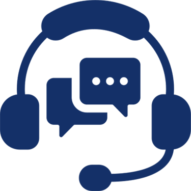 a blue and white icon with a headset and a microphone