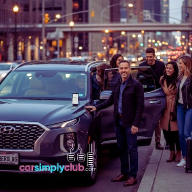 a group of people standing around a Uber SUV on a busy street