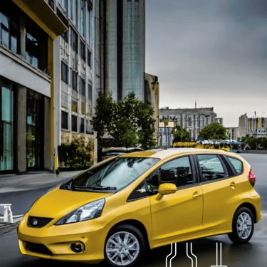a yellow Nissan Versa parked on the side of a street