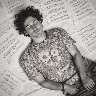 Un homme est posé sur des feuilles de notes de musique. Il est calme, serein, détendu, apaisé, relax