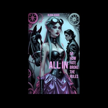 Steampunk book cover featuring a woman in a purple corset and goggles with a black horse and cogs.